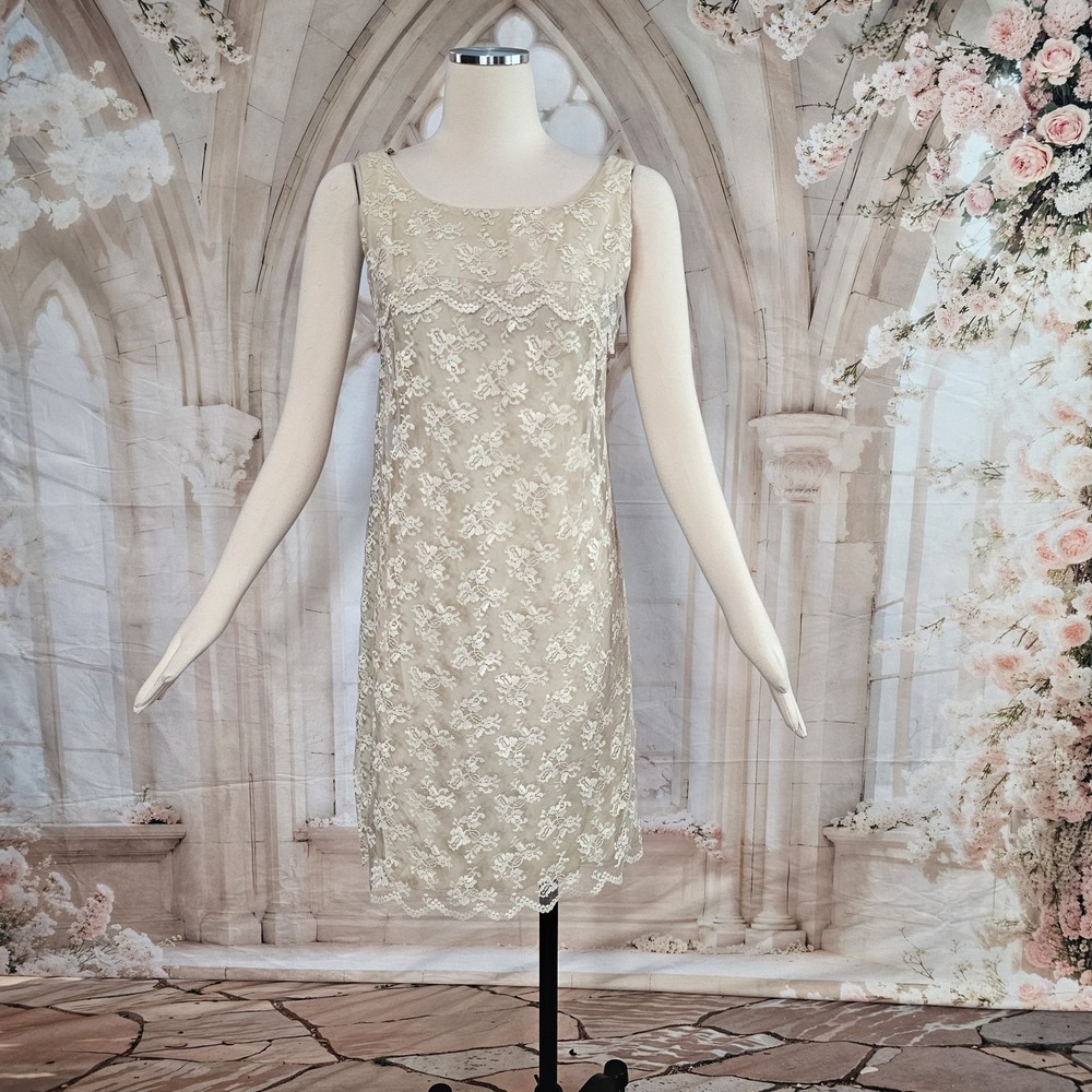 Vintage 1960's Dress Shift Beige Lace Overlay Empire Waist Mod Formal - Picture 6 of 14